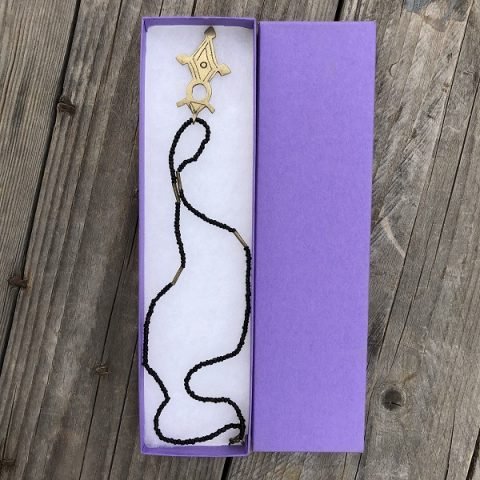 African Black Bead & Brass Necklace w. Giftbox