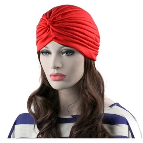 Solid Red Colored Lined Turban For Women