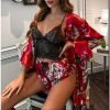 3 Pcs Satin Silk Floral Robe Underwear