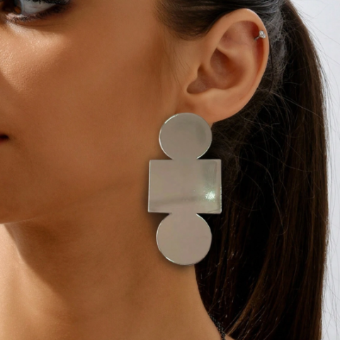 Silver Geometric Glossy Surface Dangle Earrings