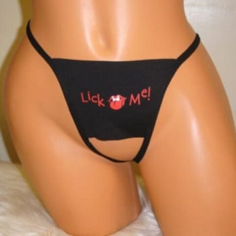 Printed Crotchless Thong - Lick Me