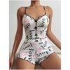 Heart Print Criss Cross Cami Crop Top and Shorts Pajama Set