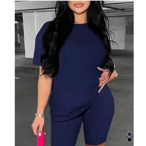 Women casual Solid Color Pajama Set - Navy Blue